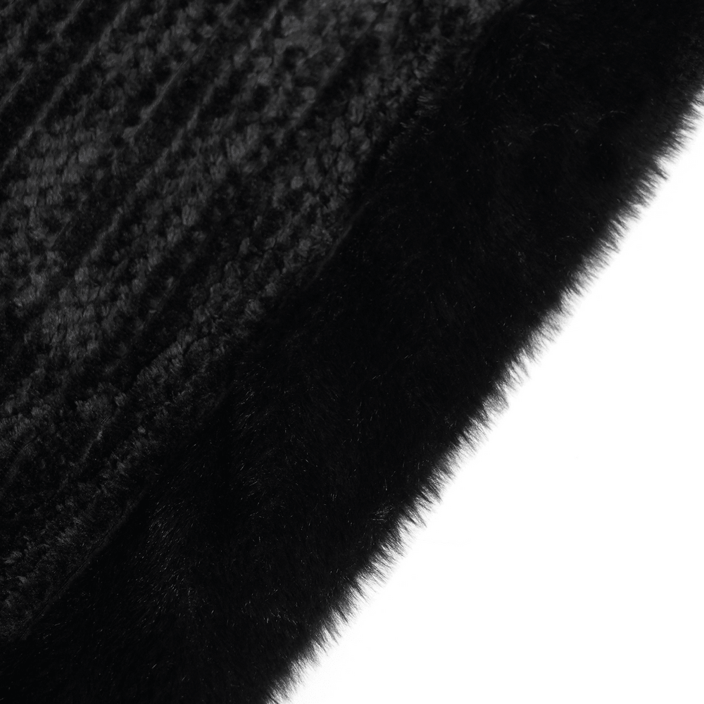 Women's Gothic Hooded Cape Coat with Soft Faux Fur Trim black textured close-up of luxe fur trim
