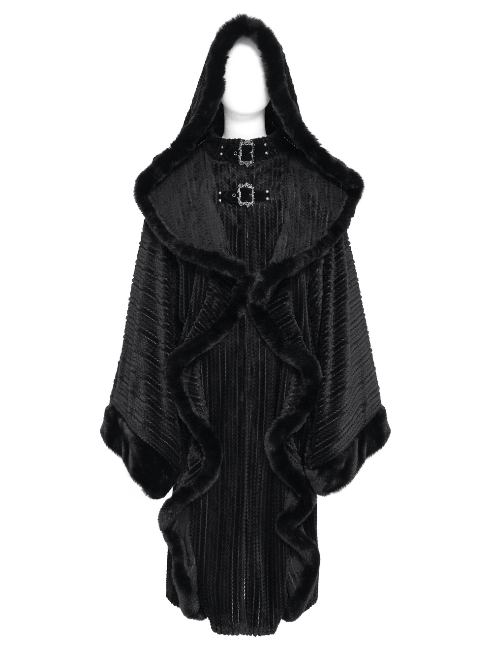 Women's Gothic Hooded Cape Coat with Soft Faux Fur Trim black hooded poncho with buckle accents and dramatic gothic silhouette