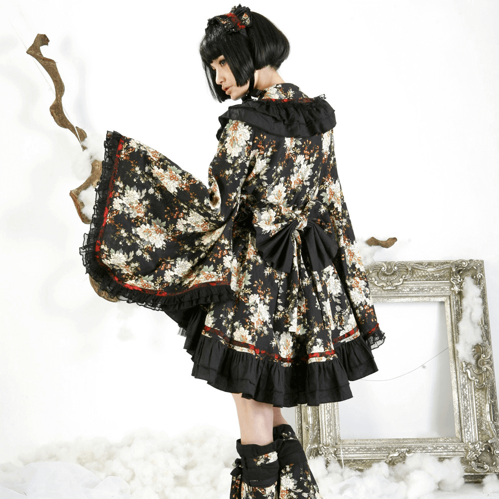 Women’s Gothic Floral Lolita Dress with ruffles, lace, and elegant vintage design.