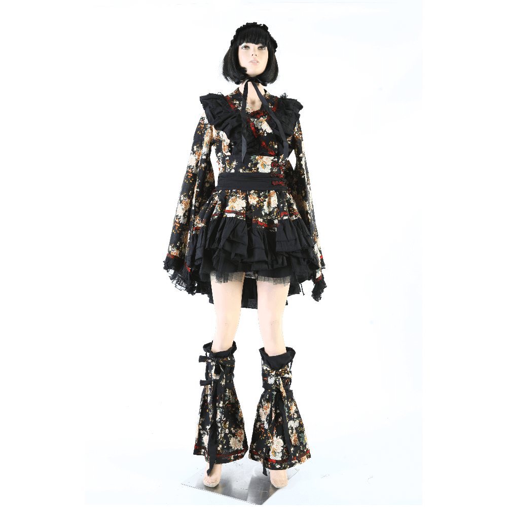 Women's Gothic Floral Lolita Dress, black with ruffles and lace, perfect for themed events and cosplay.