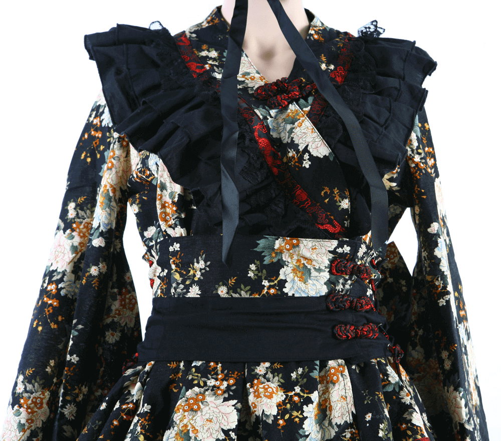 Women's Gothic Floral Lolita Dress featuring ruffles, lace, and a vintage-inspired design, perfect for themed events.