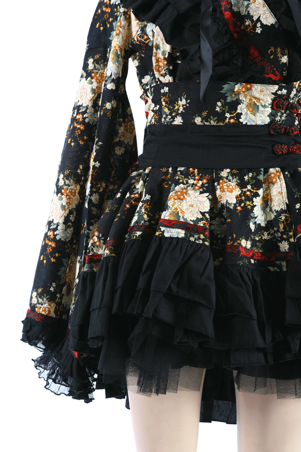 Women's black floral Gothic Lolita dress featuring ruffles and lace for a vintage, elegant aesthetic.