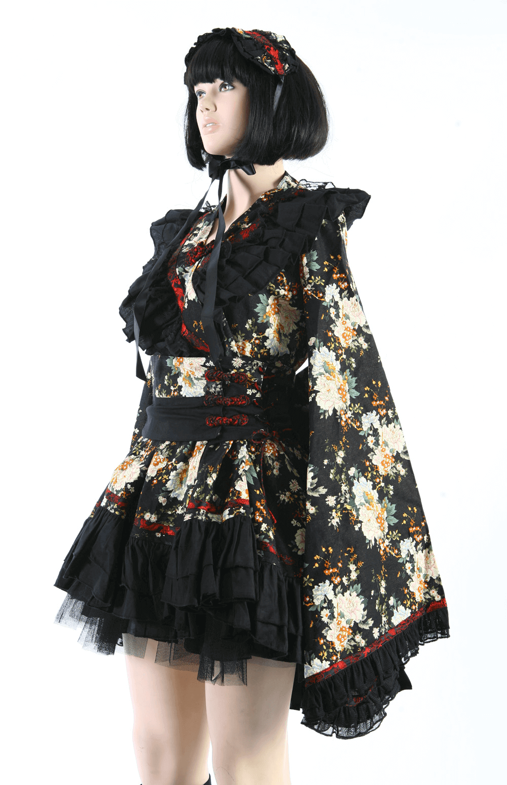Elegant women's black floral Gothic Lolita dress featuring ruffles and lace for a Victorian-inspired look.