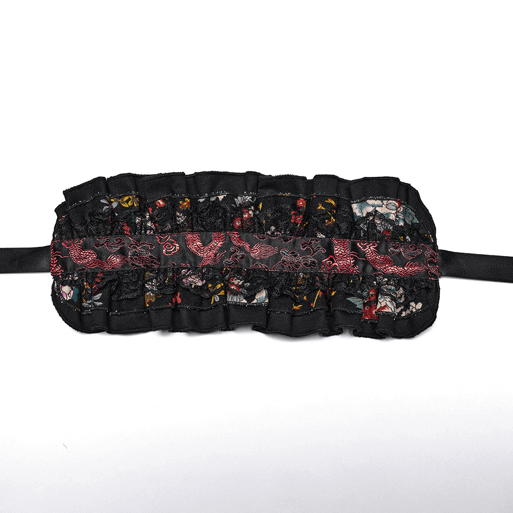 Elegant black floral lace sleep mask with ruffles, perfect for adding a gothic touch to your nighttime routine.