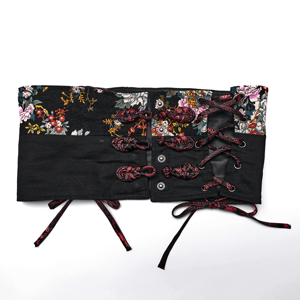 Women's floral and black gothic corset with lace-up detail, perfect for Lolita fashion and costume styling.