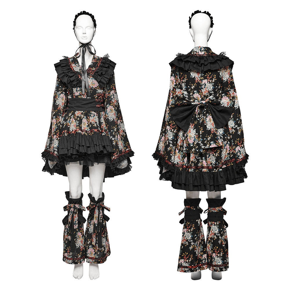 Elegant women's black floral gothic Lolita dress with ruffles and lace, perfect for themed events and cosplay.