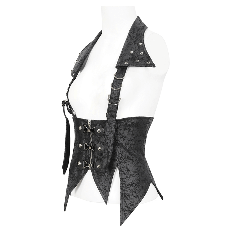 Women's gothic lace-up waistcoat with detachable collar and irregular design for a dramatic look.