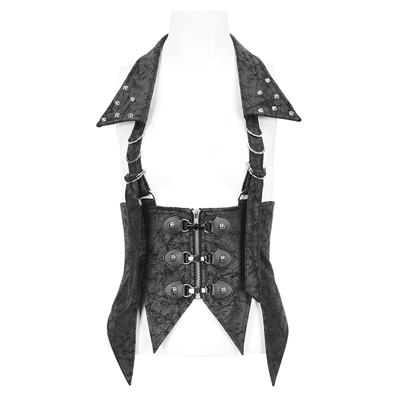 Women's gothic irregular lace-up waistcoat with detachable collar, featuring dramatic detailing and unique cut.