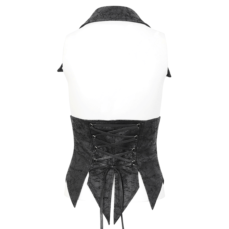 Back view of a women's gothic lace-up waistcoat with detachable collar and irregular hemline.