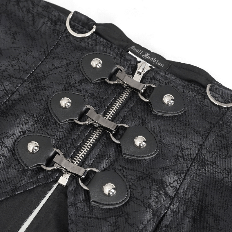 Detailed close-up of women's gothic lace-up waistcoat with intricate black detailing and silver hardware.