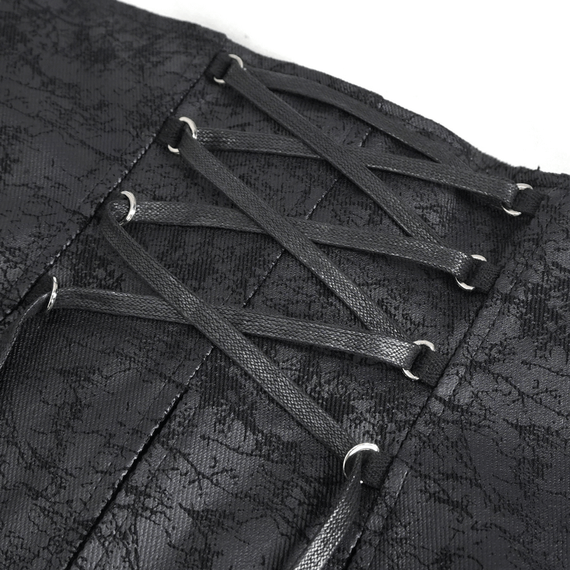 Close-up of intricate lace-up detailing on a women's gothic waistcoat, showcasing a dramatic black design.