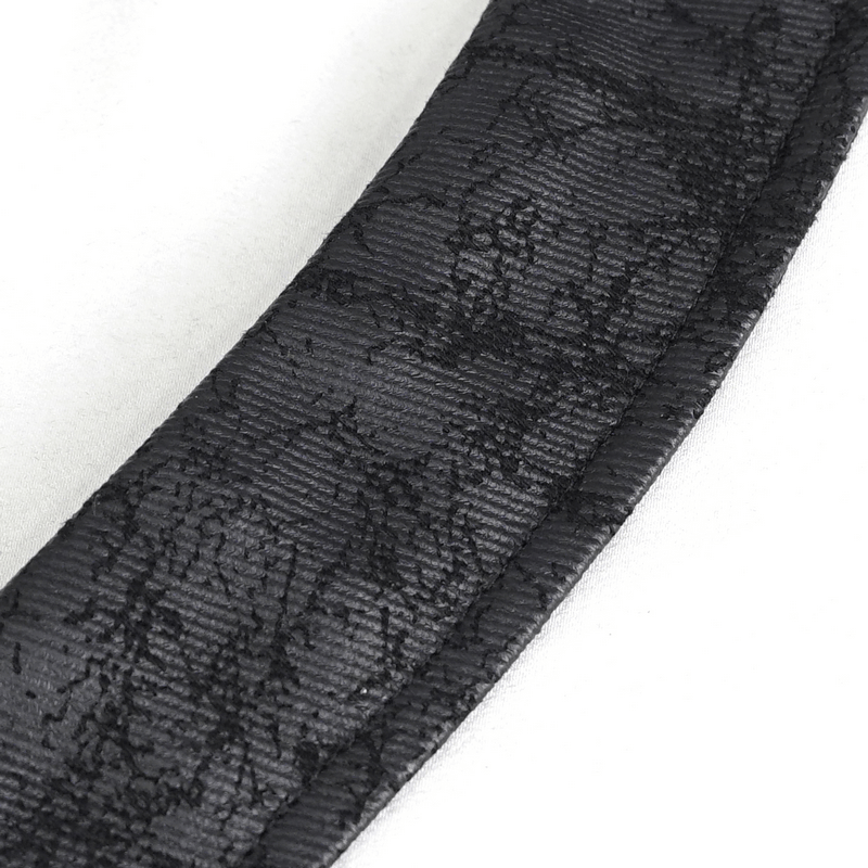 Close-up of the intricate black lace detailing on a women's gothic waistcoat, showcasing its unique texture.