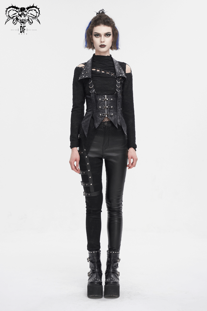 Stylish woman in gothic lace-up waistcoat with detachable collar, exuding dark fashion vibes.