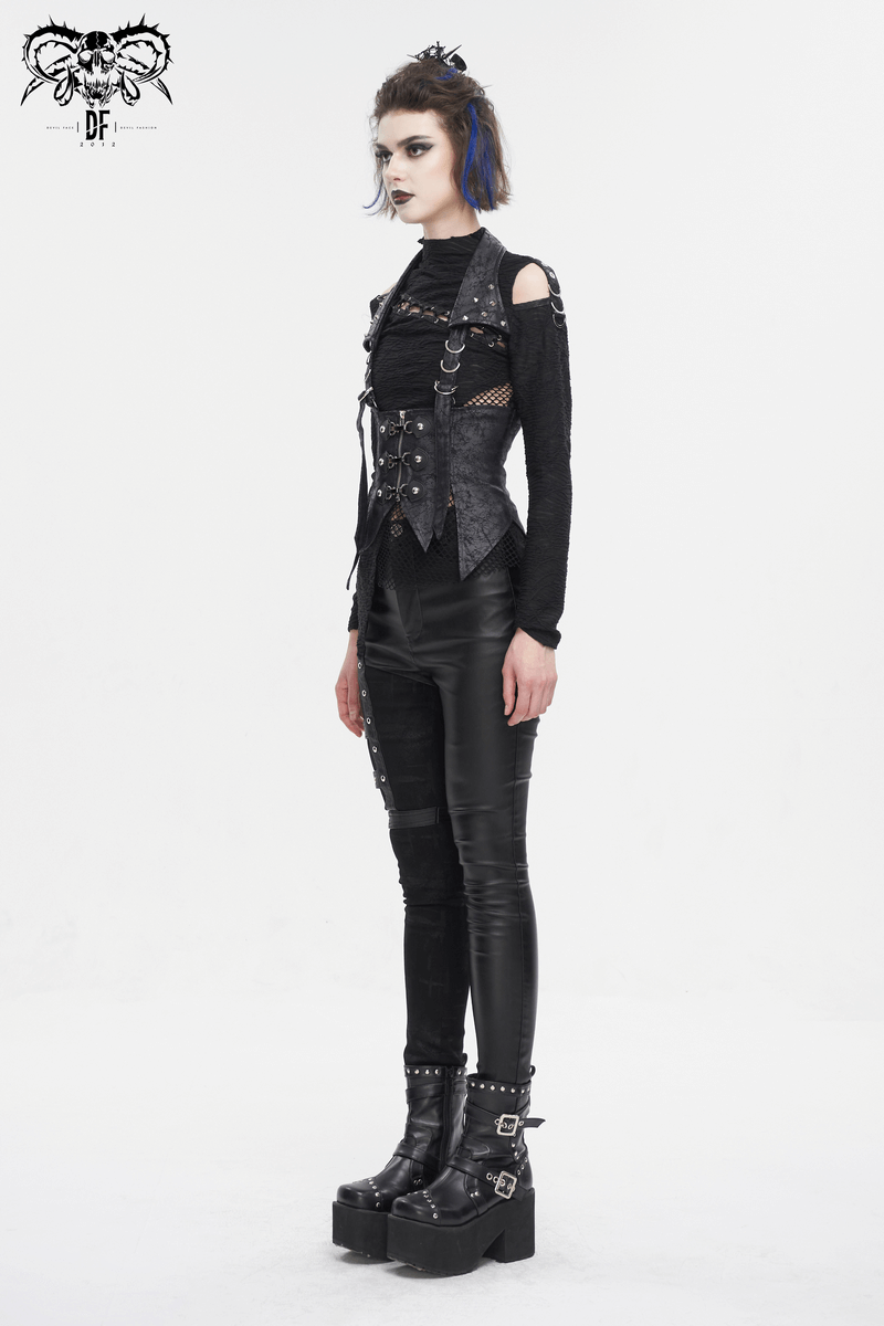 Woman in black gothic lace-up waistcoat with detachable collar, showcasing avant-garde style and dramatic flair.