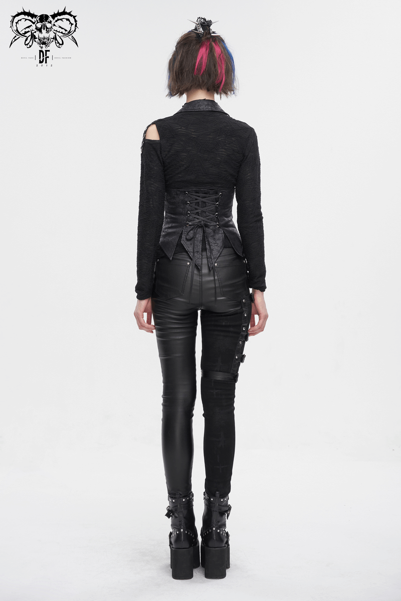 Back view of a woman in a gothic lace-up waistcoat and fitted black pants, showcasing a unique dark aesthetic.