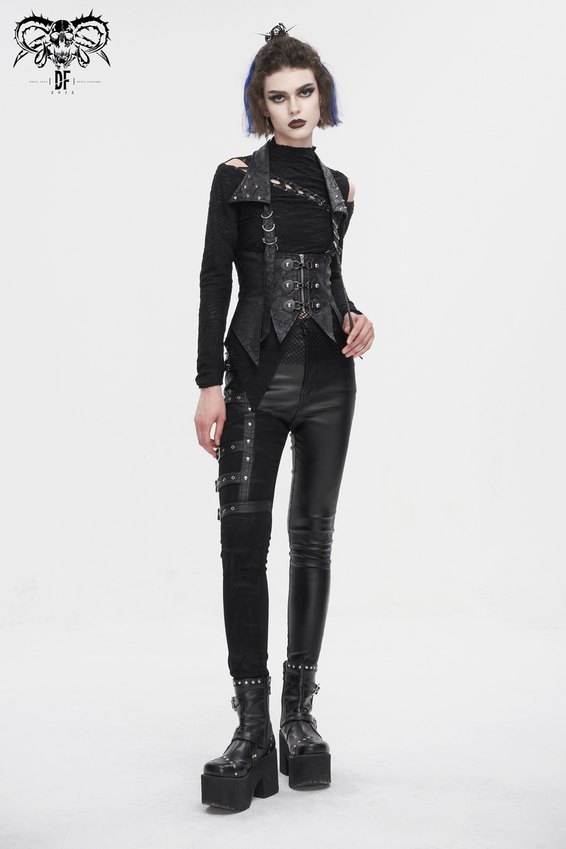 Women's gothic lace-up waistcoat with detachable collar, paired with edgy black leather pants and platform boots.