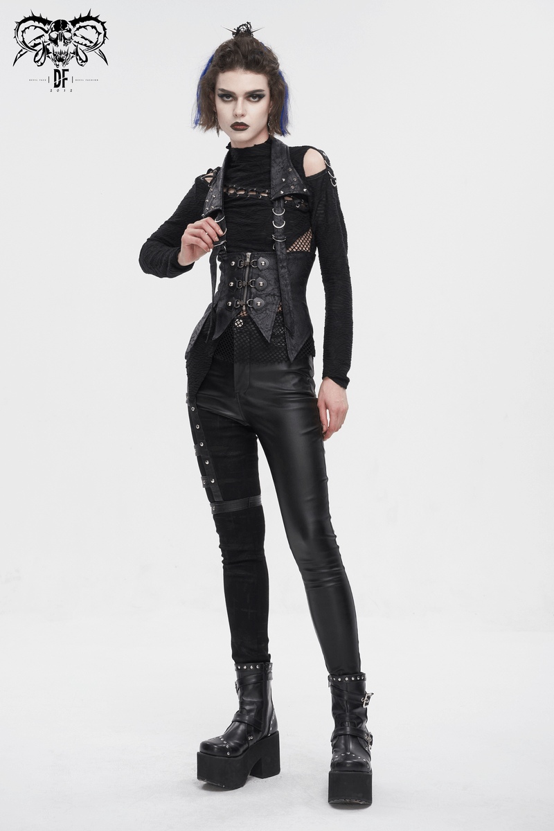 Gothic women’s lace-up waistcoat with detachable collar, paired with sleek black pants and platform boots, showcasing edgy style.