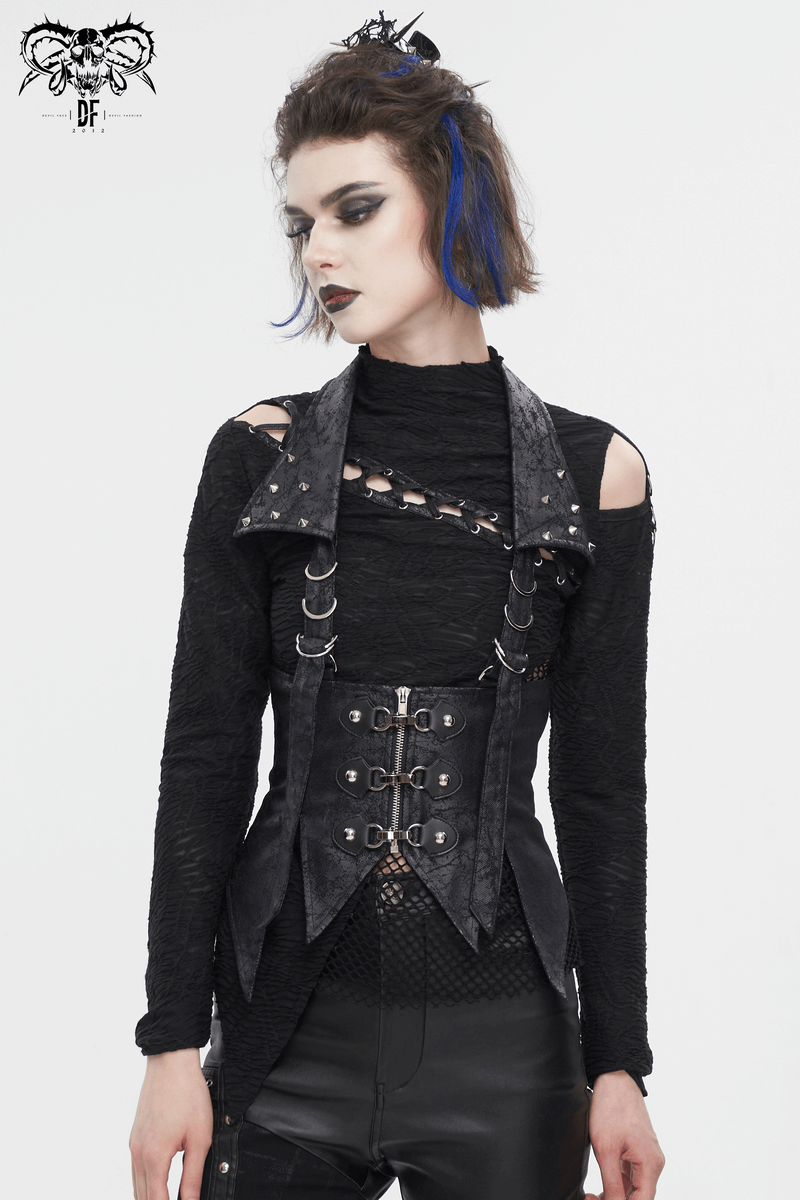 Woman in gothic lace-up waistcoat with detachable collar, showcasing dark aesthetic and edgy design.
