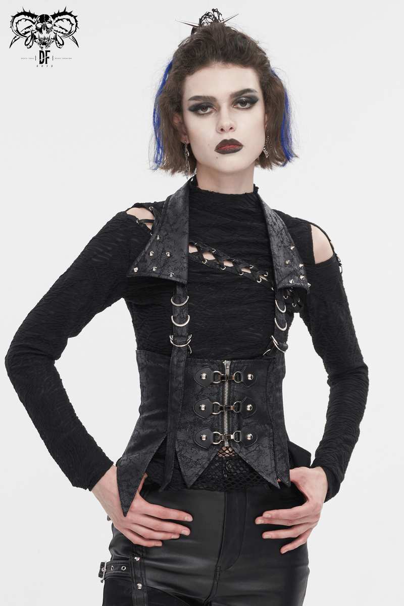 Women's gothic black lace-up waistcoat with detachable collar and edgy styling, perfect for a dark aesthetic.