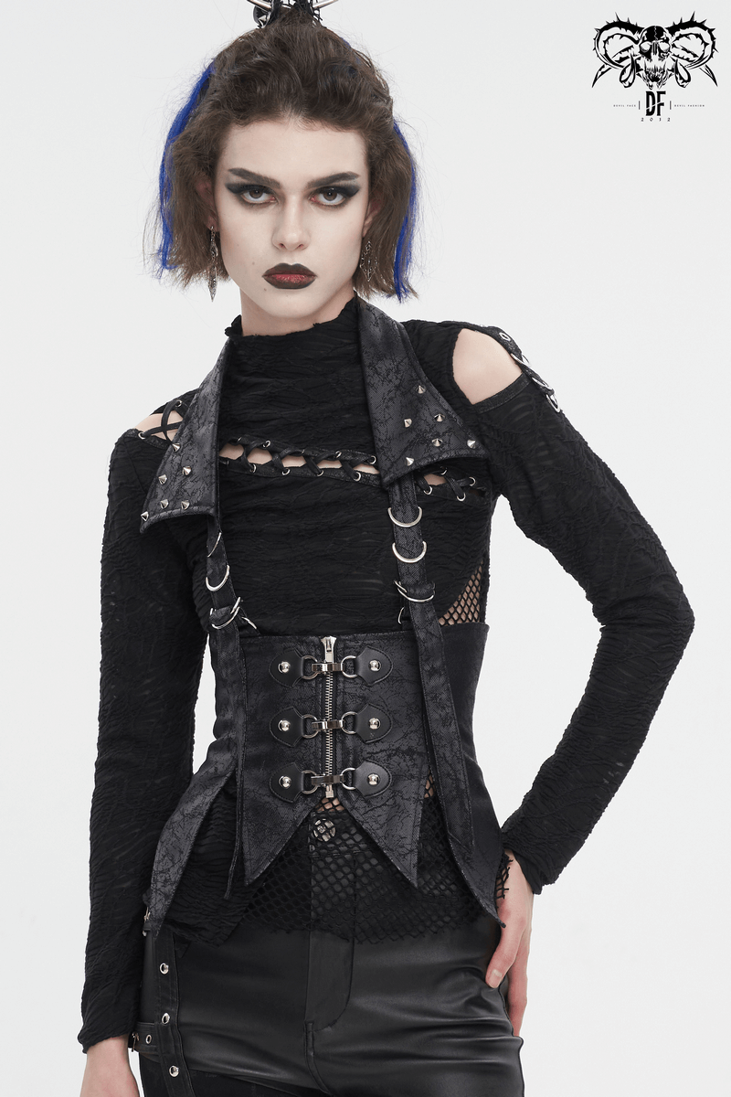 Women's gothic lace-up waistcoat with detachable collar, showcasing avant-garde style and bold accents.