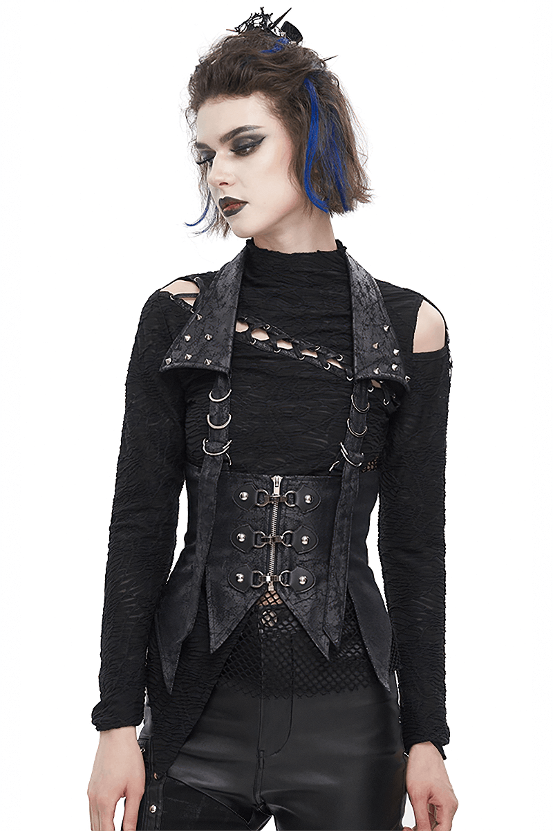 Women's gothic irregular lace-up waistcoat with detachable collar, perfect for a dramatic dark aesthetic.