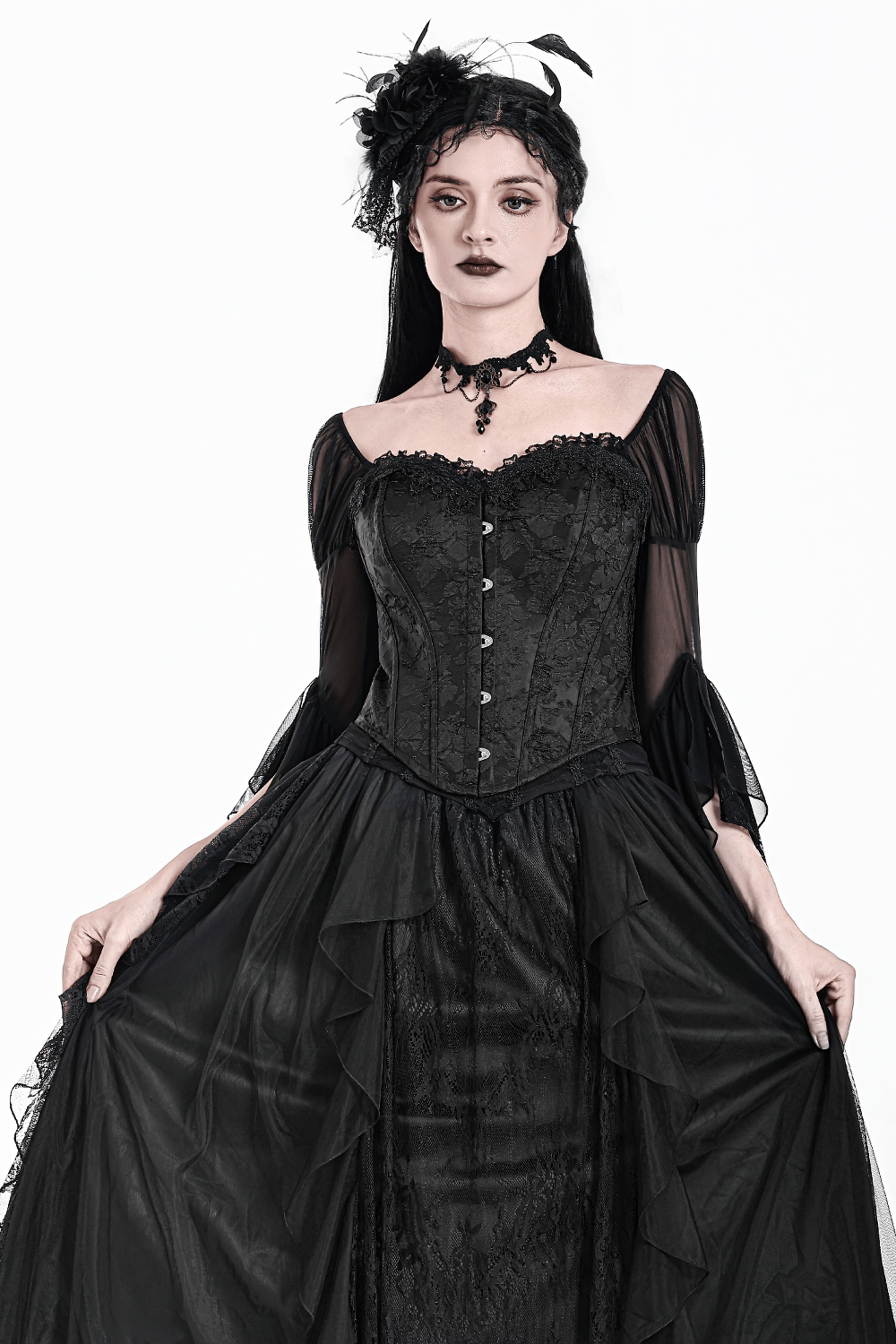 Women's Gothic Jacquard Overbust Corset with Lace