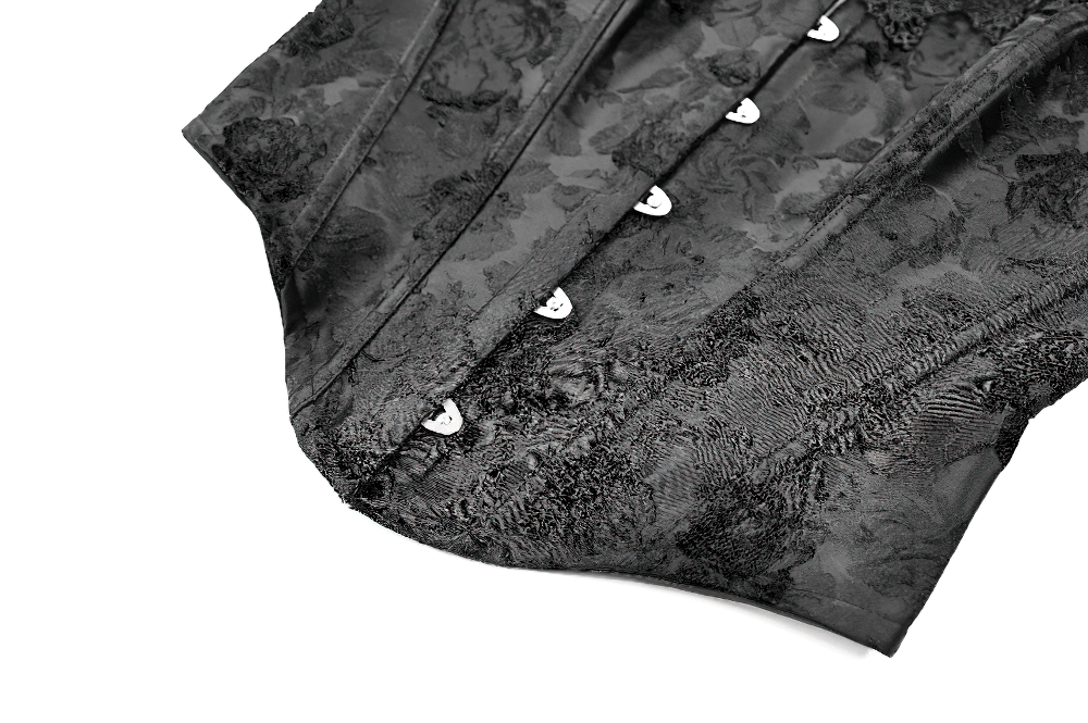 Women's Gothic Jacquard Overbust Corset with Lace featuring intricate black floral brocade and front metal clasps.
