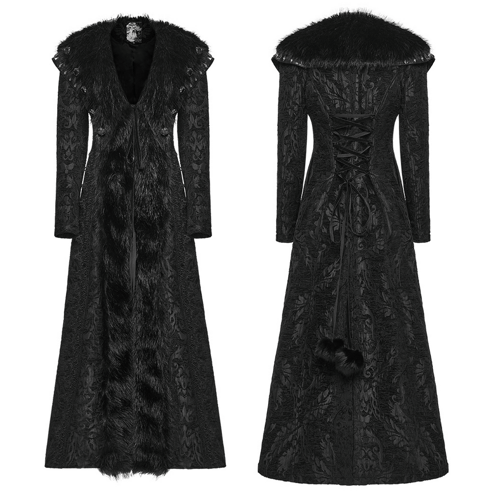 Women's Gothic Jacquard Plush Long Coat with Fur Trim in elegant black with plush collar and intricate detailing.