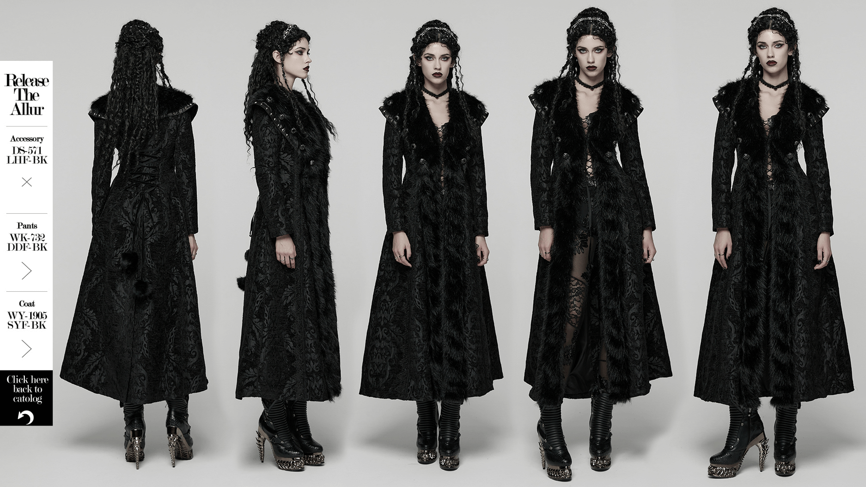 Women's Gothic Jacquard Plush Long Coat with Fur Trim displayed from multiple angles on a model.