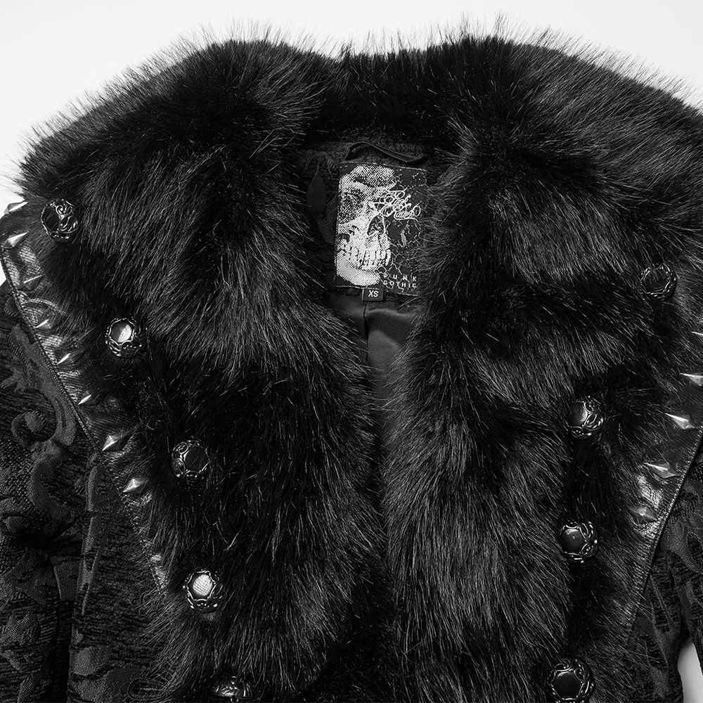 Close-up of Women's Gothic Jacquard Plush Long Coat with Fur Trim showing plush collar and gemstone buttons.