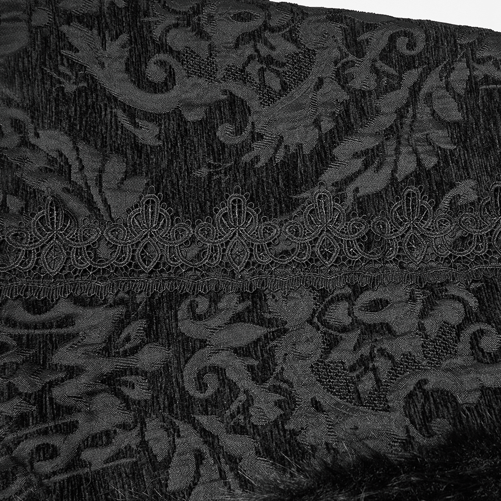 Close-up of the intricate jacquard pattern featured on the Women's Gothic Jacquard Plush Long Coat with Fur Trim.