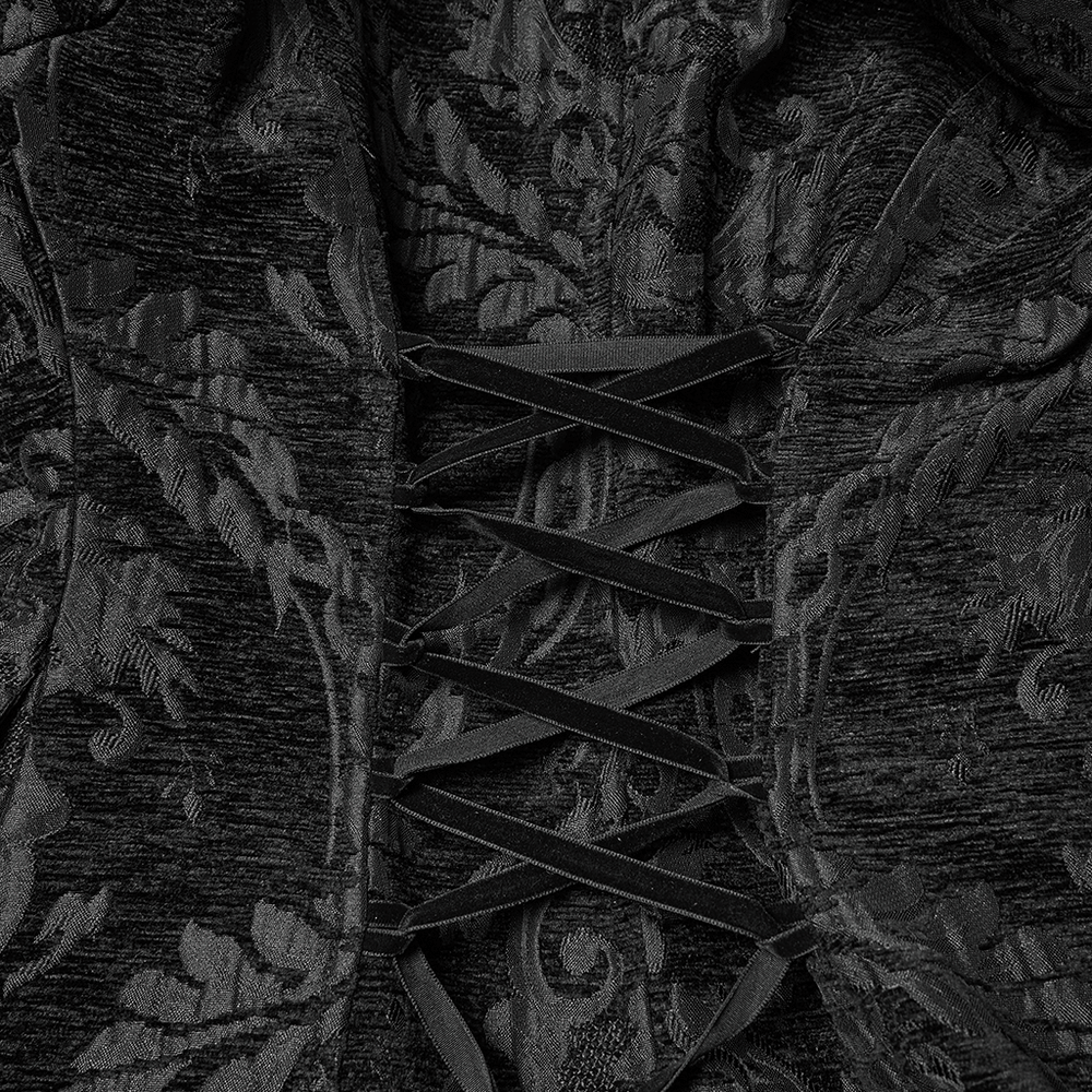 Women's Gothic Jacquard Plush Long Coat with Fur Trim detailed view of lace-up design on the plush fabric.