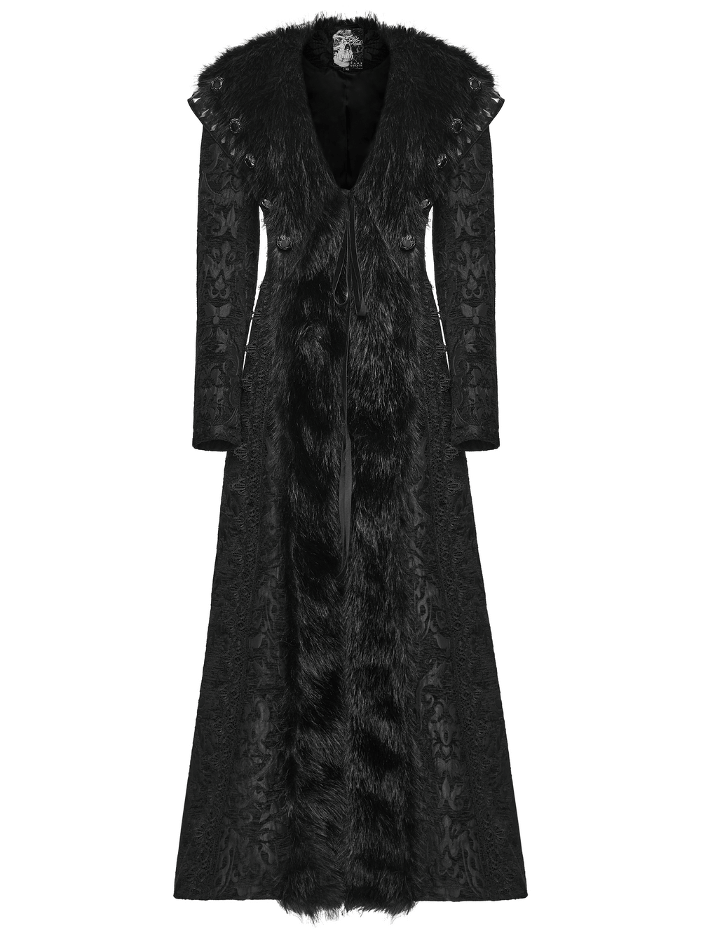 Women's Gothic Jacquard Plush Long Coat with Fur Trim featuring a plush collar and vintage jacquard pattern.