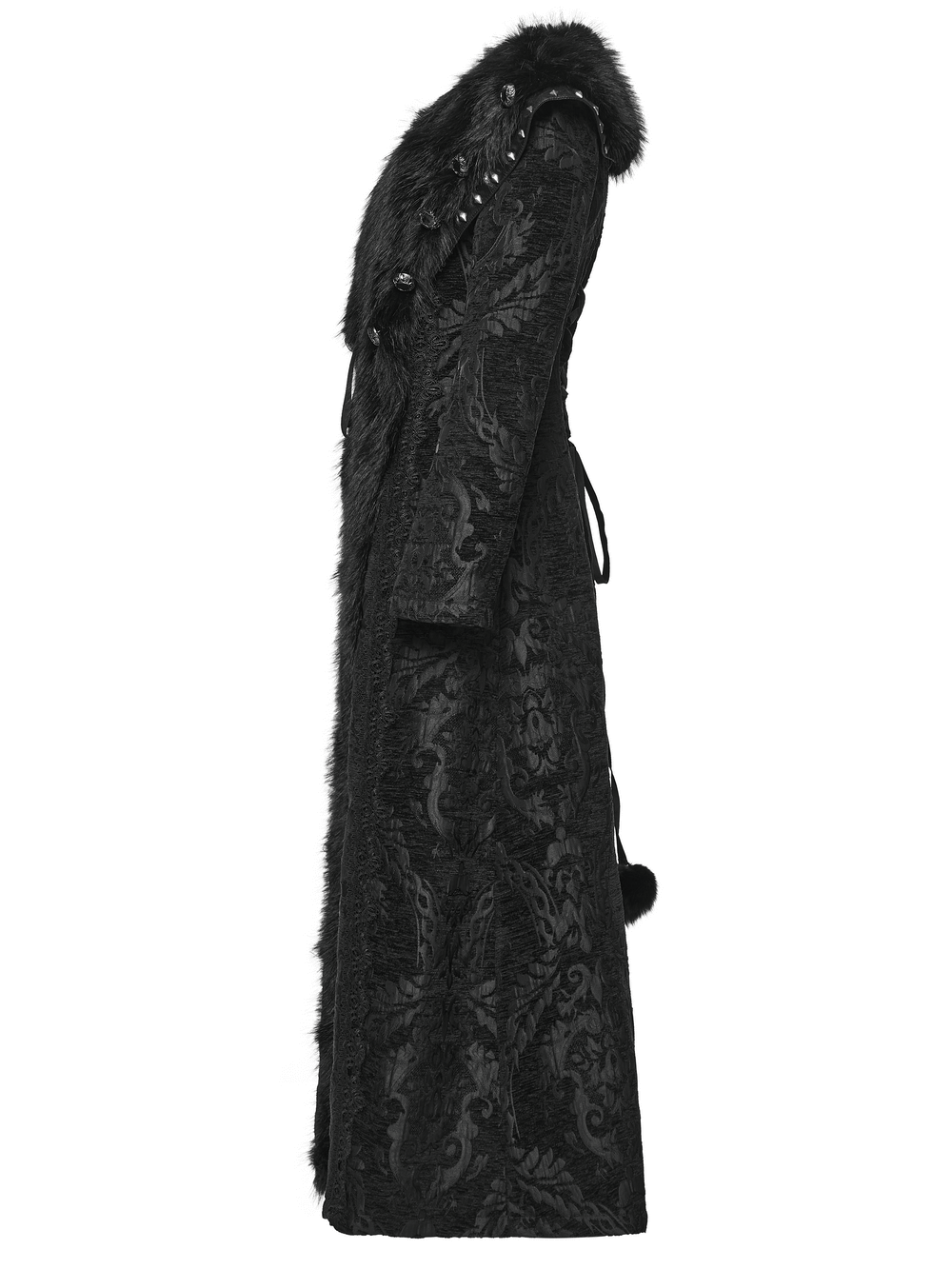 Women's Gothic Jacquard Plush Long Coat with Fur Trim featuring a vintage pattern and sculpted design.
