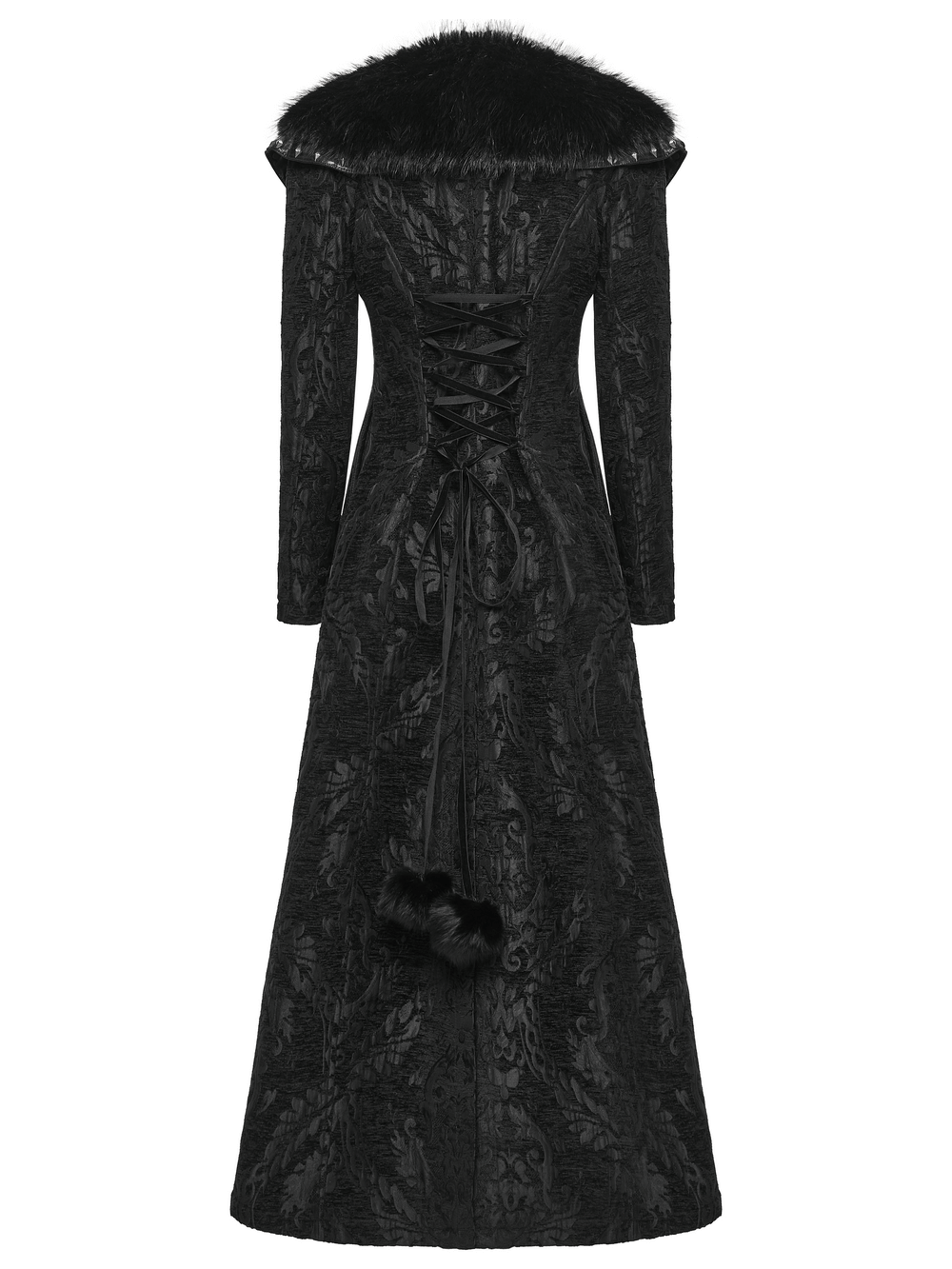 Women's Gothic Jacquard Plush Long Coat with Fur Trim showcasing the back with elegant lace-up detail and luxurious fur collar.