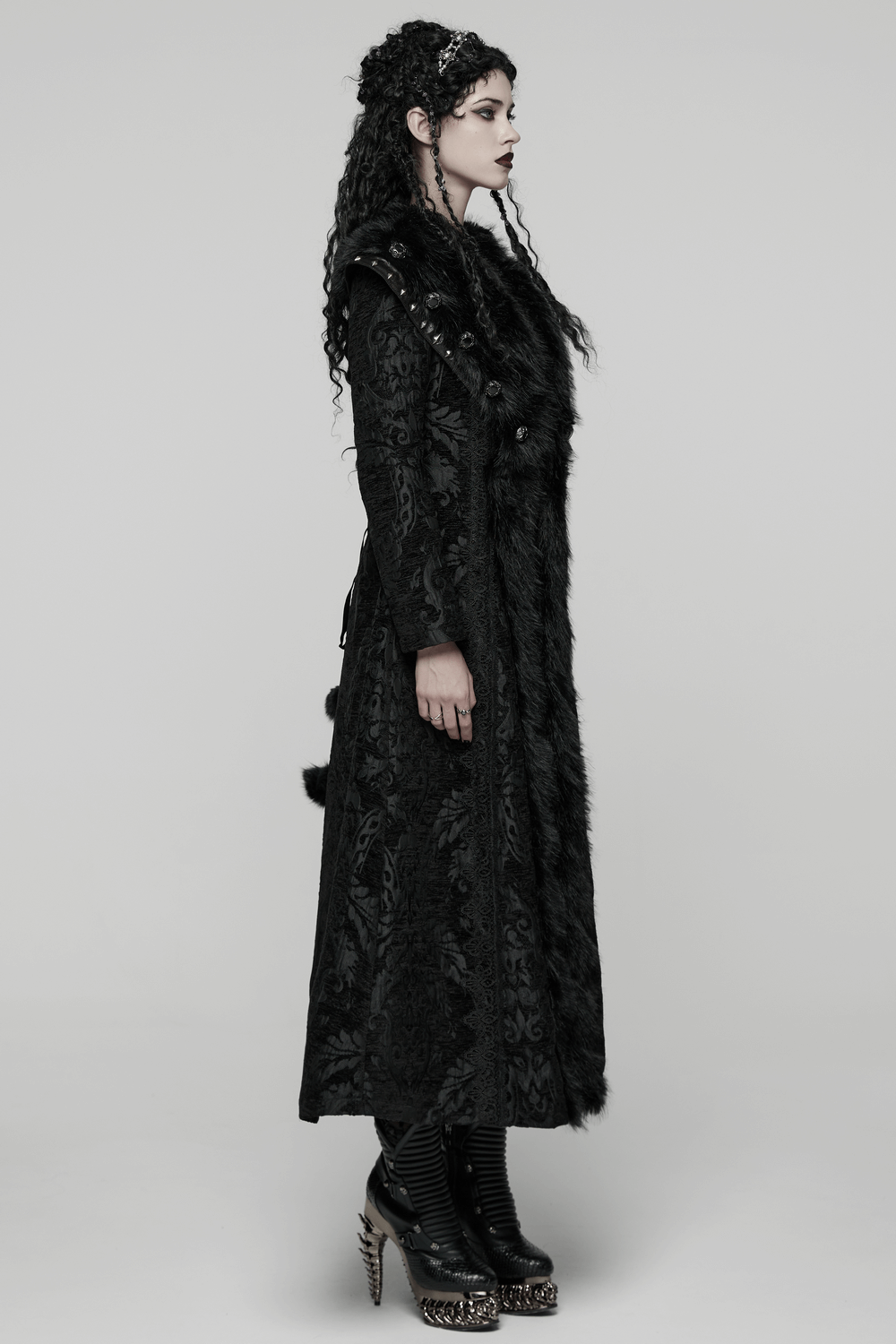 Women's Gothic Jacquard Plush Long Coat with Fur Trim displayed in side profile featuring dark elegance and dramatic details.