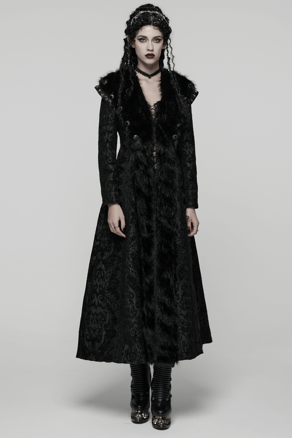 Women's Gothic Jacquard Plush Long Coat with Fur Trim, showcasing dark elegance and vintage jacquard design.