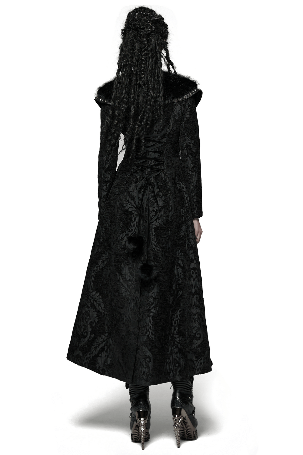 Women's Gothic Jacquard Plush Long Coat with Fur Trim showcasing dark elegance and vintage mystic pattern from the back.
