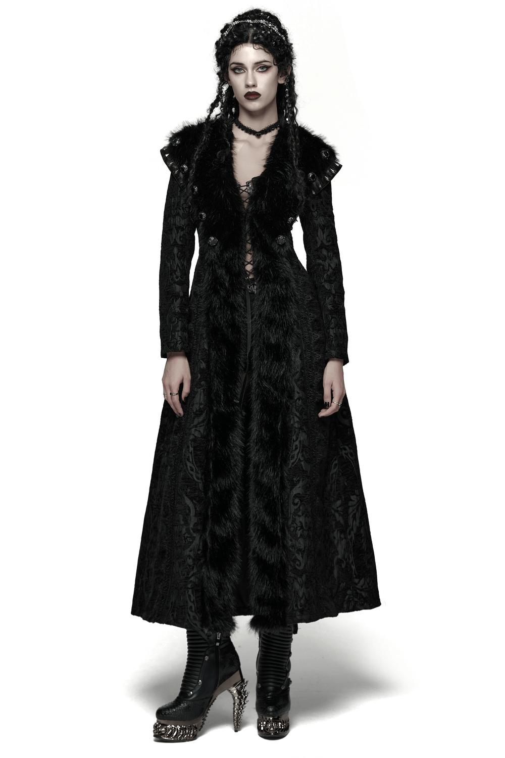Women's Gothic Jacquard Plush Long Coat with Fur Trim worn by a model, featuring a dramatic design and rich textures.