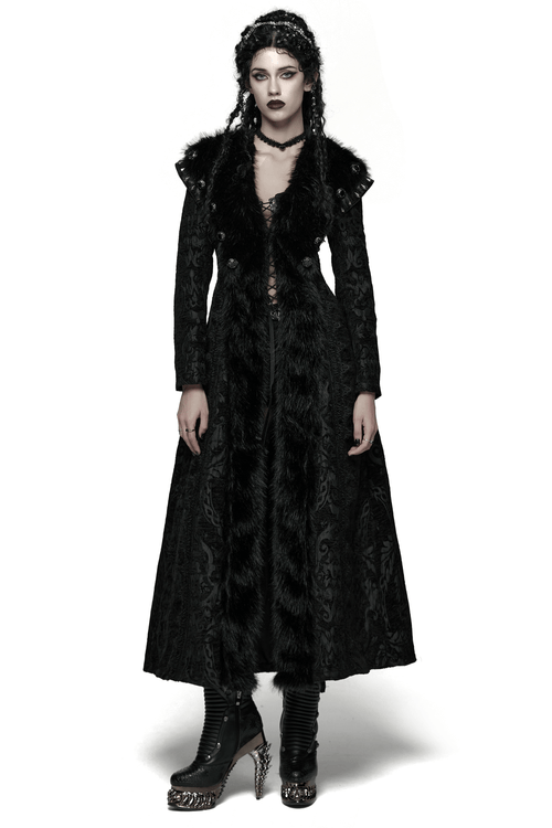 Women's Gothic Jacquard Plush Long Coat with Fur Trim