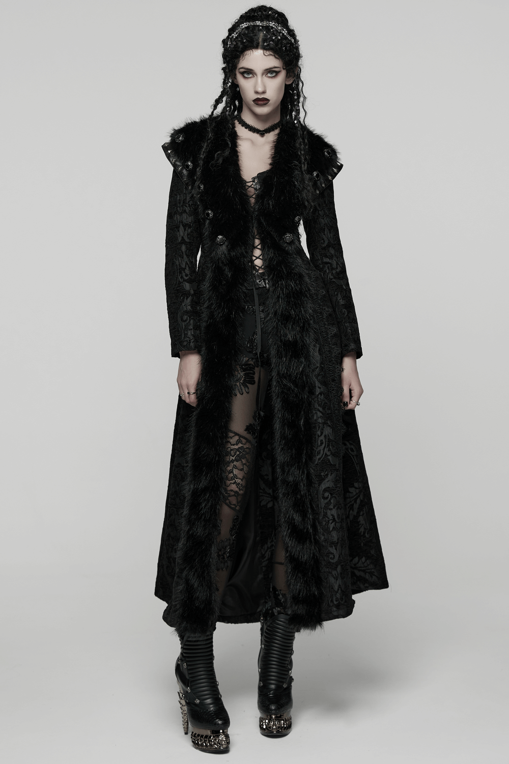 Women's Gothic Jacquard Plush Long Coat with Fur Trim worn by a model, showcasing dark elegance and vintage jacquard pattern.