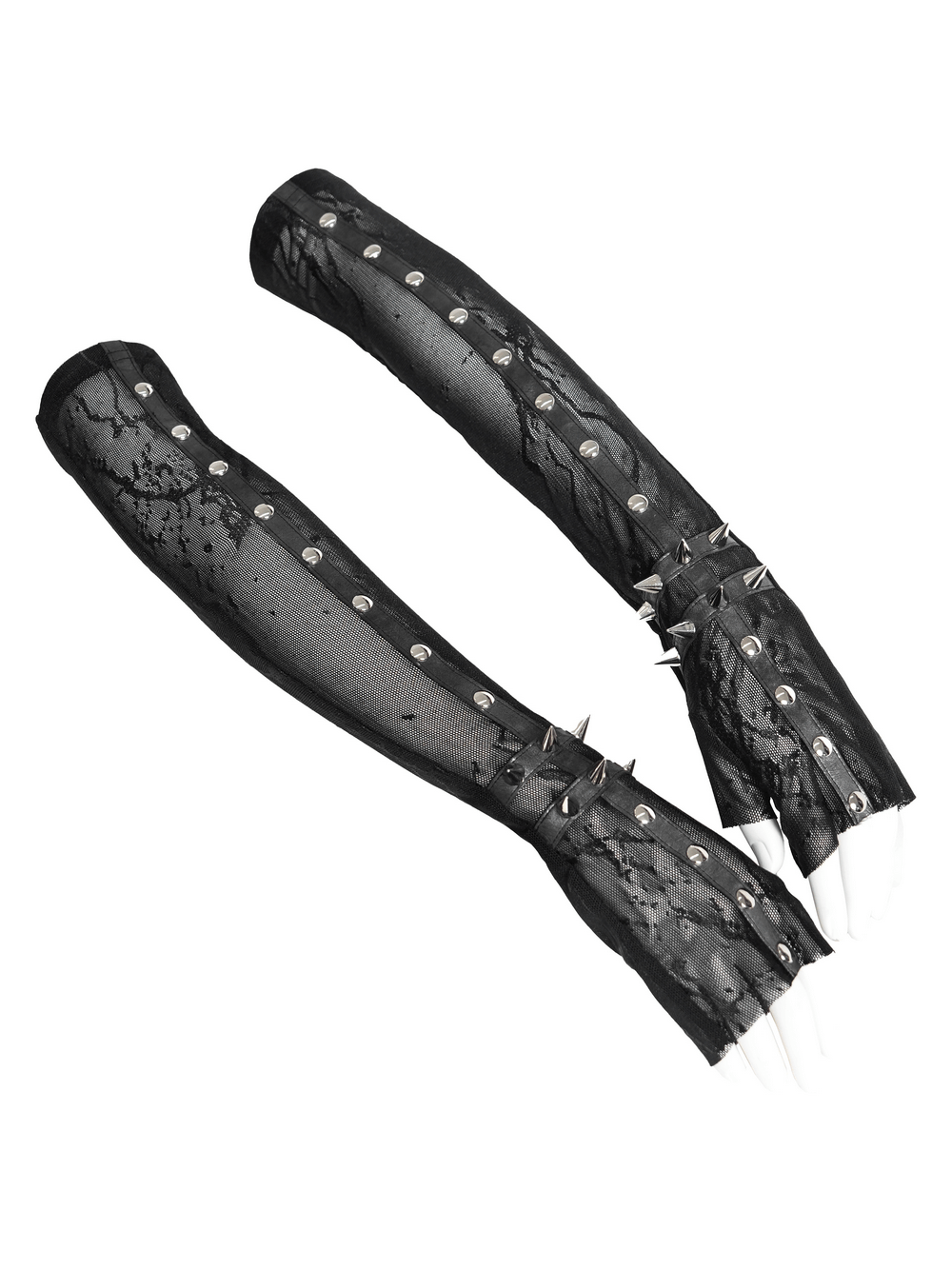Women's Gothic Lace Arm Sleeves with Spike Stud Cuffs in black lace design.