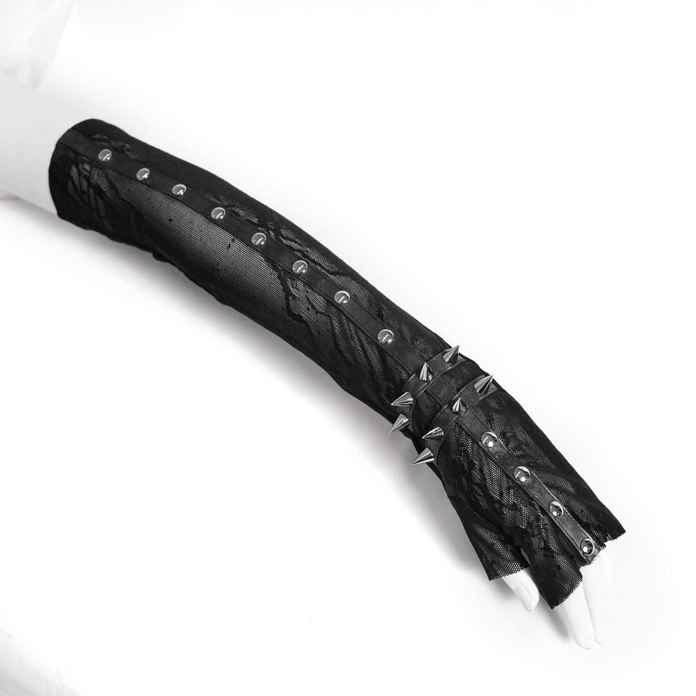 Women's Gothic Lace Arm Sleeves with Spike Stud Cuffs on display, showcasing unique style and edgy design.