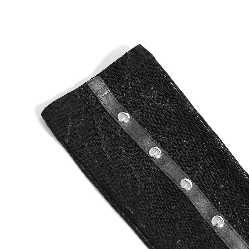 Close-up of Women's Gothic Lace Arm Sleeves with Spike Stud Cuffs featuring a textured design and shiny stud details.