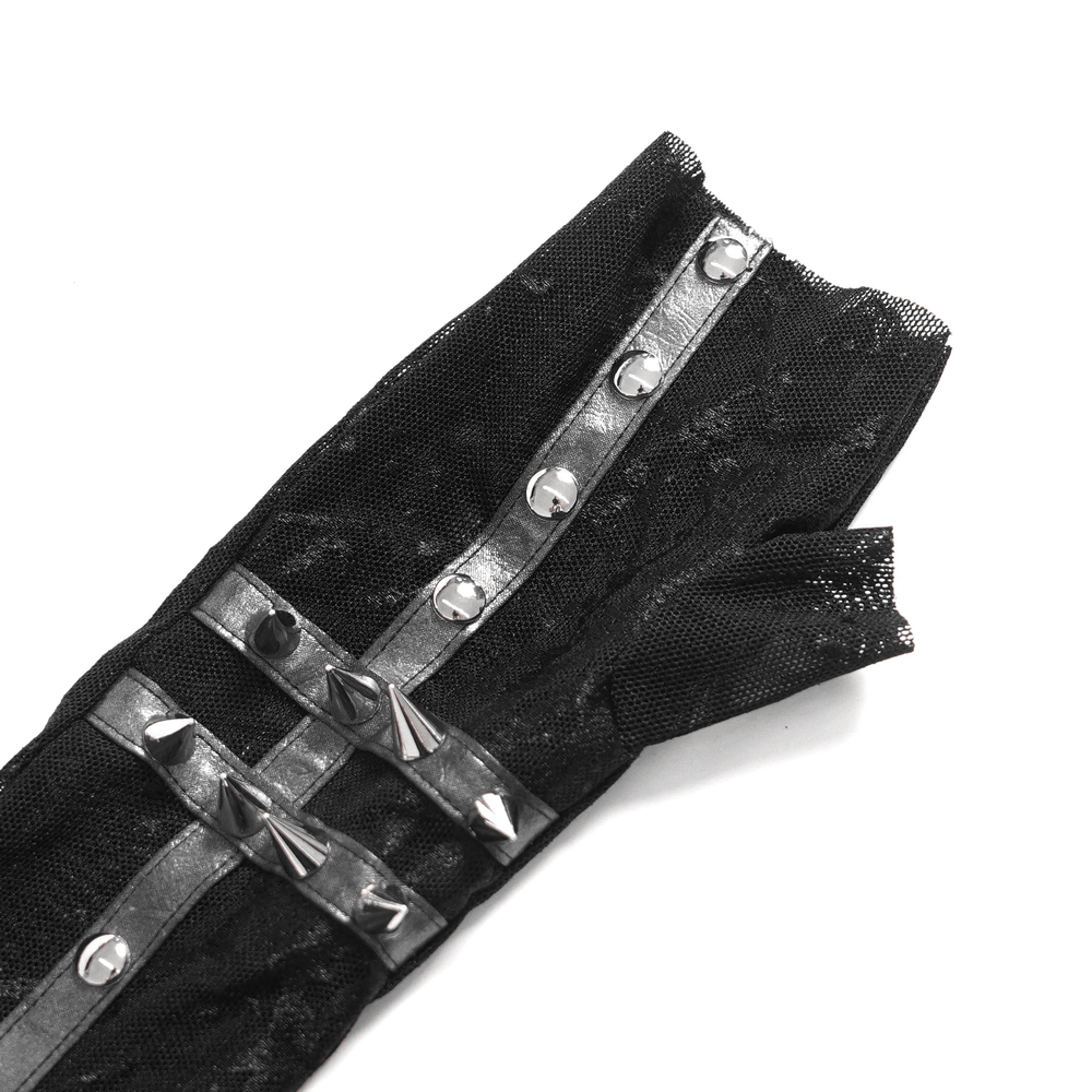 Women's Gothic Lace Arm Sleeves with Spike Stud Cuffs showcasing intricate lace design and edgy stud details.