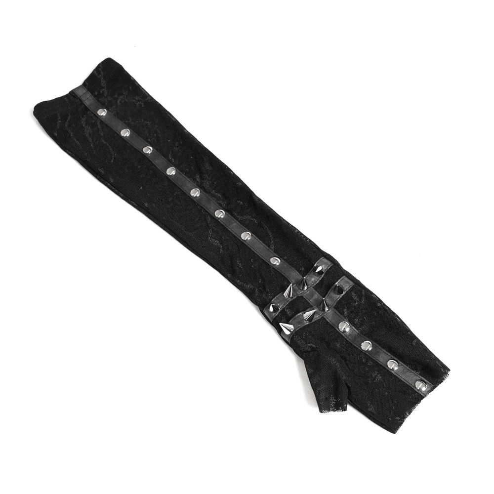 Women's Gothic Lace Arm Sleeves with Spike Stud Cuffs displayed in black lace and metal accents.