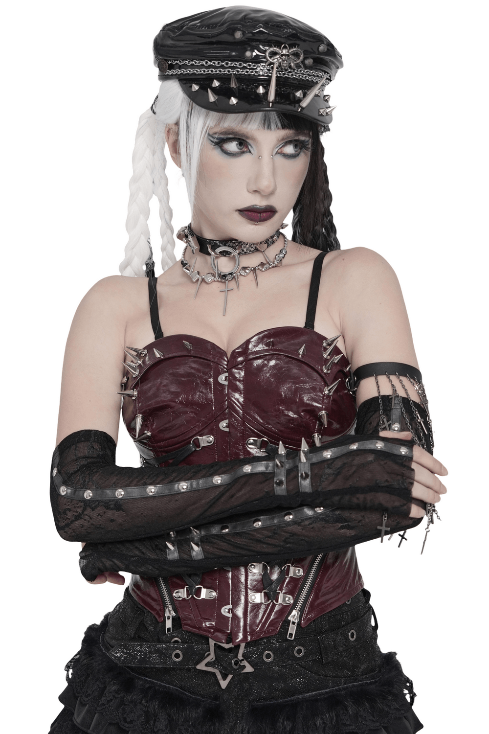Women's Gothic Lace Arm Sleeves with Spike Stud Cuffs worn by a model with edgy accessories and a stylish outfit.