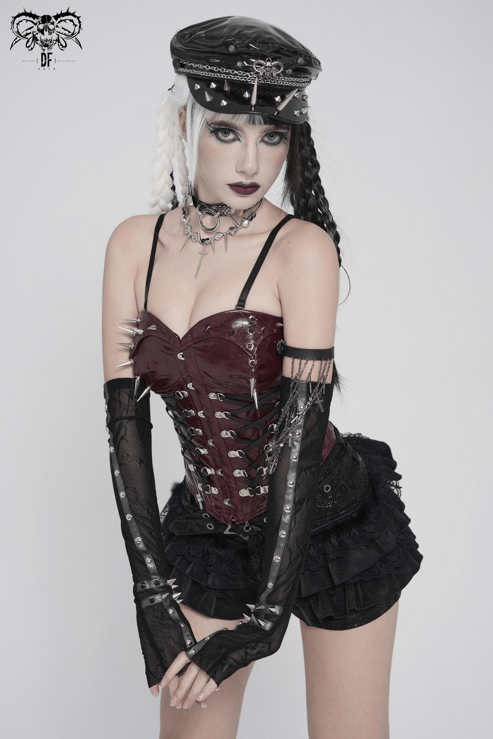 Women's Gothic Lace Arm Sleeves with Spike Stud Cuffs worn by a model with edgy style and accessories.