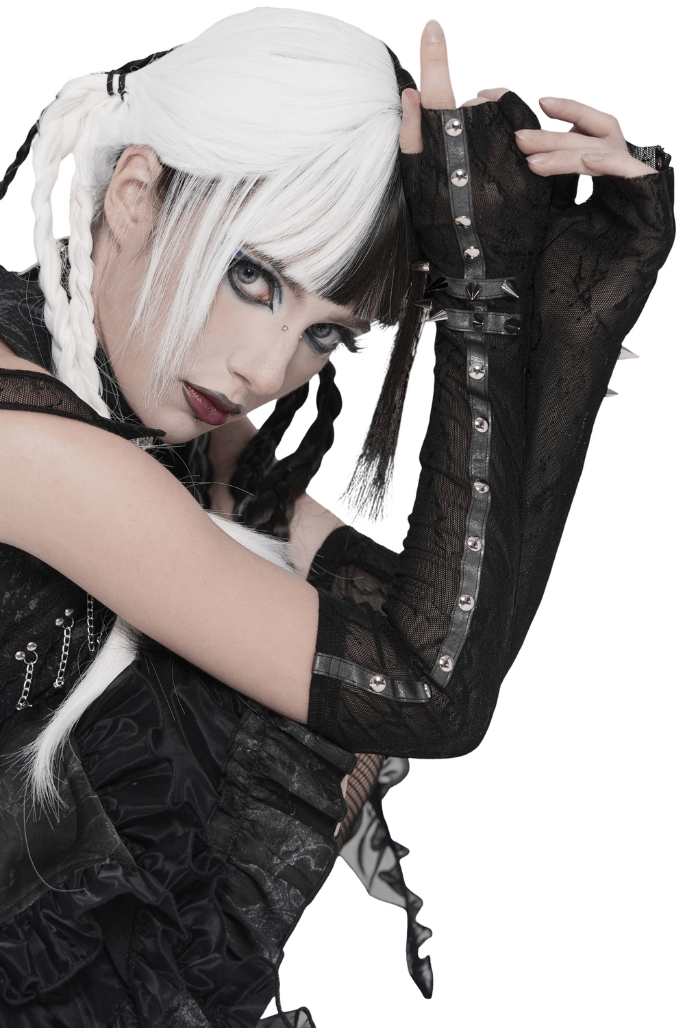 Women's Gothic Lace Arm Sleeves with Spike Stud Cuffs worn by a model with unique style and striking makeup.