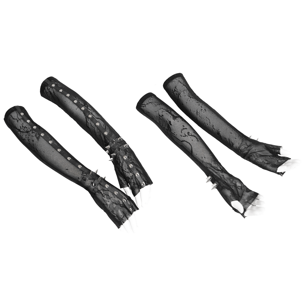 Women's Gothic Lace Arm Sleeves with Spike Stud Cuffs in black lace design with spike studs and cut-out details.